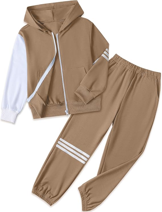 Boy's Pants Set - 2 Piece Fall Outfits ColorBlock Long Sleeve Zipper Hooded and Pants Casual Clothes 6-16 Years