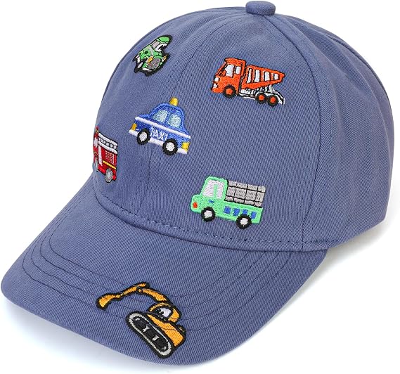 QKURT Kids Sun Hat, Summer Bucket Hat Flat Brim Fisherman Hats Sun Protection Beach Cap Outdoor Play Hats with Excavator Pattern for Boys 3-8 Years Old