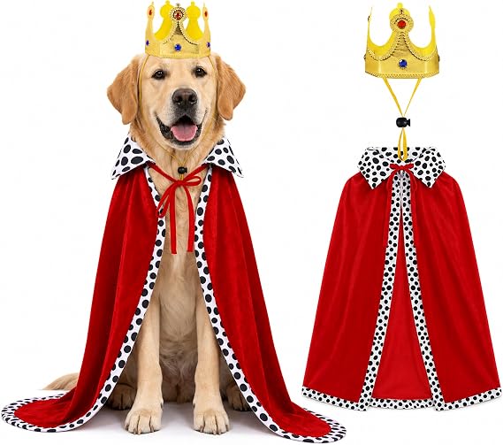 Dog Halloween Costumes for Large Dogs, King Cape and Crown Set | Two-Piece Royal Dog Costume With a 35-Inch Polyester Cape and Gold-Tone Crown for Medium and Large Breeds Bullet Point 1