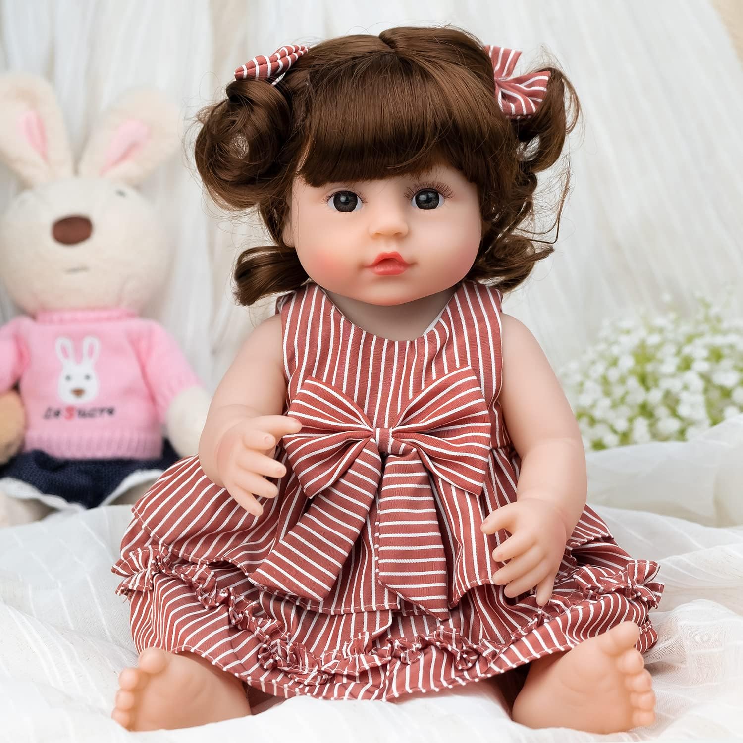 MUJOO Reborn Baby Dolls Girl, 18 Inch Realistic Baby Girl Doll with Red Stripe Dress Handmade Newborn Baby Dolls Best Birthday Gift Sets Baby 2