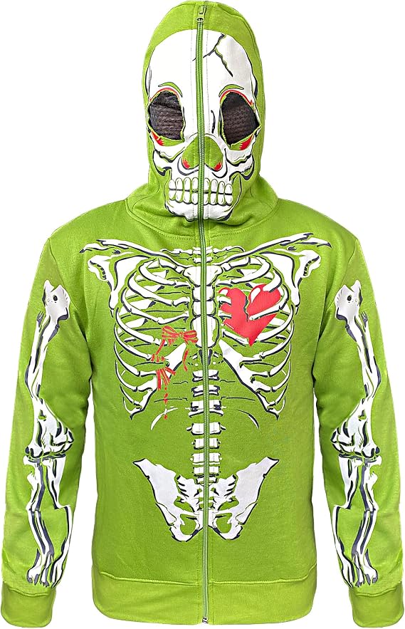 Skylinewears Men Full Face Mask Skeleton Skull Hoodie Sweatshirt Halloween Costume Hoodie
