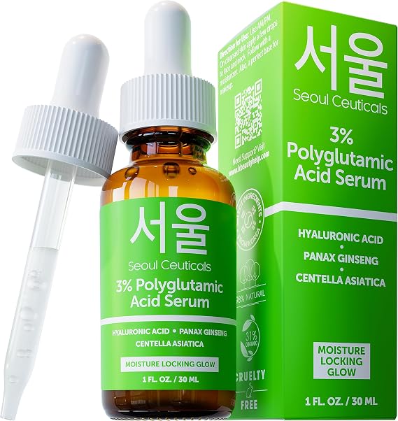 SeoulCeuticals Organic Polyglutamic Acid Serum Korean Skin Care 1oz | Anti Aging Hydrating Serum with Hyaluronic Acid & Centella Asiatica for Glowing Skin, K Beauty