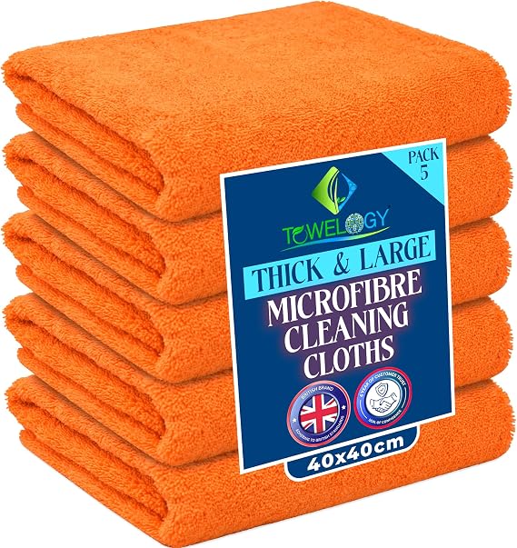 Towelogy Heavy Duty Microfibre Cleaning Cloths for Home All Purpose - Larger, Thicker, More Absorbent Cleaning Cloth - 100% Lint Free Micro Fibre Cloths for Kitchen, Bathroom and Car (5, Orange)