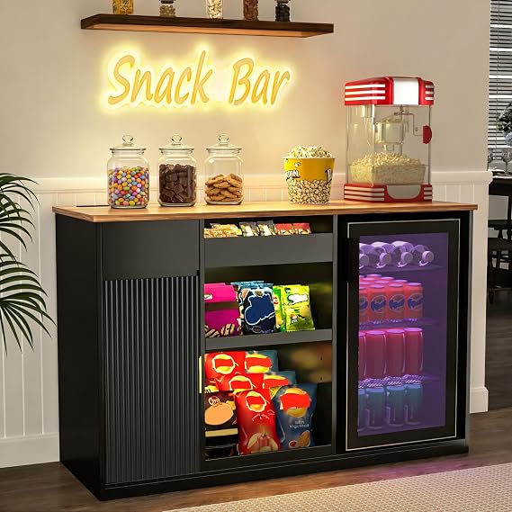 GDLF 51.2" Snack Bar Cabinet with Fridge Space, Snack Organizer, Black | Snack Display Shelves, Fridge Space for Drinks, Fluted Cabinet, Drawer Storage, Power Outlet, Coffee Bar & Game Room