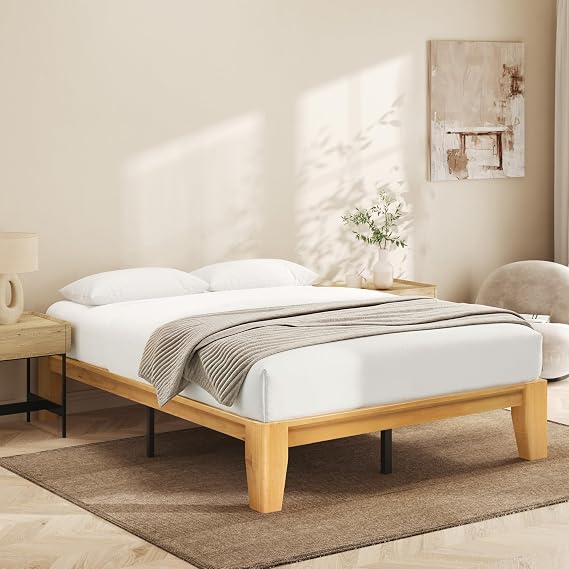 Lifezone Wood Queen Platform Bed Frame, Premium Solid Wood, Sturdy Structure, 3.78 Thickened & 14 Height Legs, Easily Assemble, Mortise & Tenon Joints Patterns, Natural