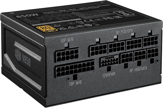 Cooler Master V850 Gold ATX3.0 Full Modular Power Supply, 850W, 80+ Gold, 90-Degree 12VHPWR PCIe 5.0 Connector, SFX-to-ATX Bracket, Silent Fan,