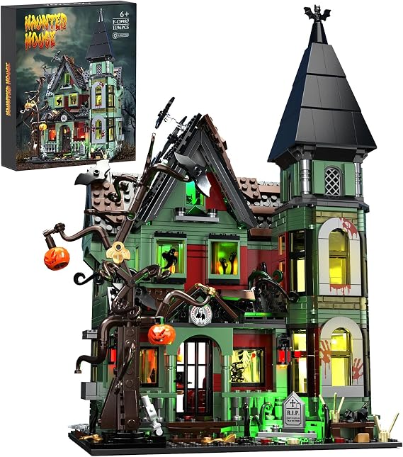 iATOM Haunted House Building Set with Lights, Halloween Mansion Building Toy for Adults, Gift for Christmas, Horror Village Town Architecture Include Pumpkin Skeleton Spooky Bat Cat, F-C9987