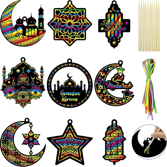 Fancy Land 45 Pcs Ramadan Scratch Paper Art Kit Crafts for Kids Eid Mubarak Scratch Off Cards DIY Rainbow Hanging Ornament Al-fitr Ramadan Gifts Decorations Drawing Activities
