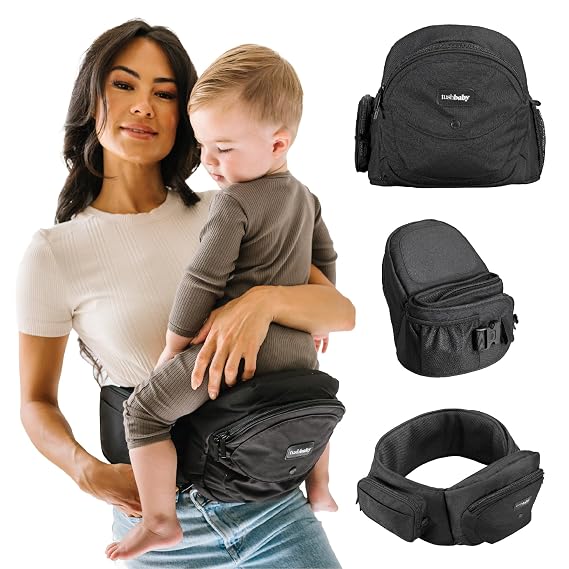 Tushbaby Original Hip Seat Baby Carrier for Babies & Toddlers up to 45 lbs, Safety Certified, Lightweight No-Foam Design with Storage, Black
