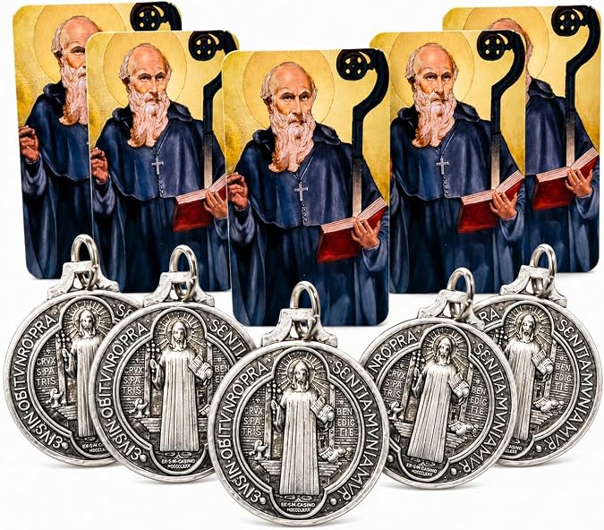 Saint Benedict Medal Bulk Set Holy Cards Catholic Protection Gift 5 of Each | Metal construction, individually paired sets, ideal for confirmation, baptism, church, or classroom gifts, keepsake