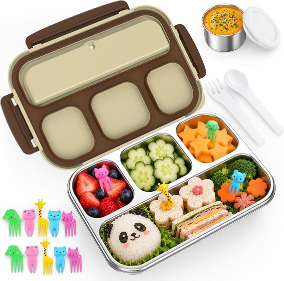 Stainless Steel Bento Lunch Box for Kids Adult, Metal Lunch Box Containers for Boys Girls School, 4 Compartment Leak Proof Lunch Containers with Sauce Cup, Fork and Spoon & Fruit Picks, Brown