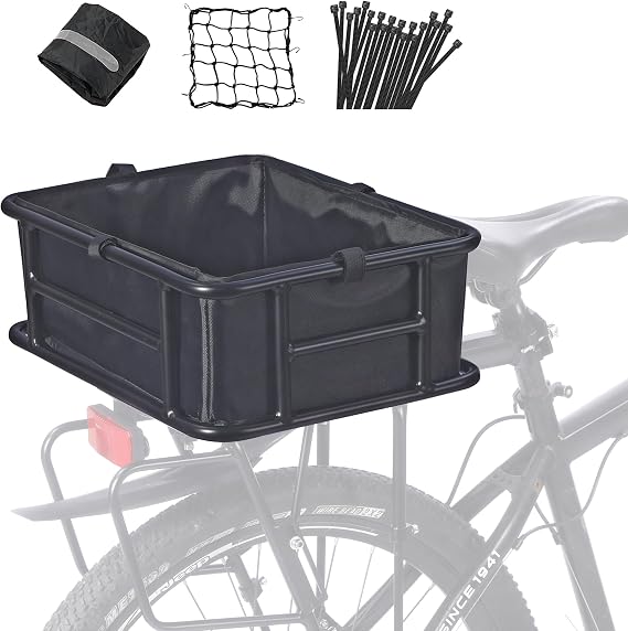 Bike Basket Rear with Liner,Large Bicycle Basket with Waterproof Cover,Bicycle Rear Basket with Cargo Net and Elastic Bungee Cord for Electric Bike