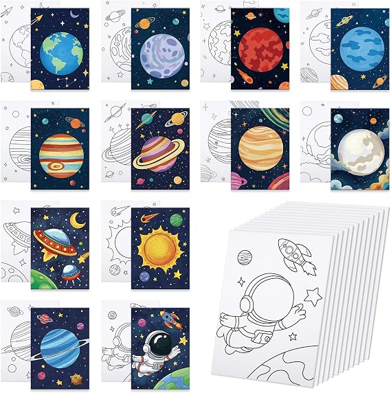 Anseal 12 Packs Planet Pre Drawn Canvas to Paint, Pre Printed Canvas for Adults, Space Planet Party Favors, Pre Stretched Canvas Outline Painting Boards for Beginners, Party Favor