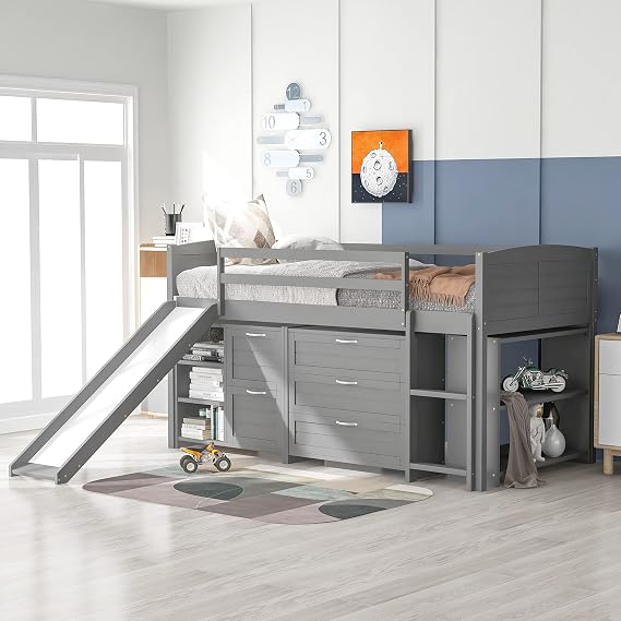 Low Twin Size Loft Bed with Cabinets, Shelves and Slide Gray