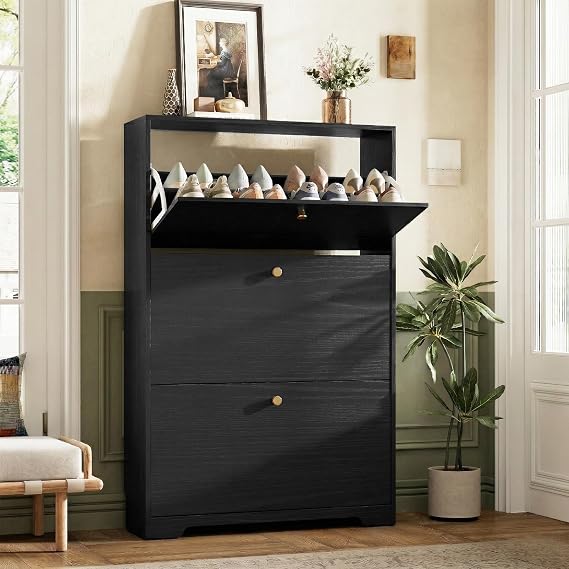 Nicetree Shoe Cabinet with 3 Flip Drawers, Narrow Shoe Organizer Cabinet, Freestanding Shoe Rack Cabinet, Modern Shoe Storage Cabinet for Entryway, Hallway, Foyer, Black