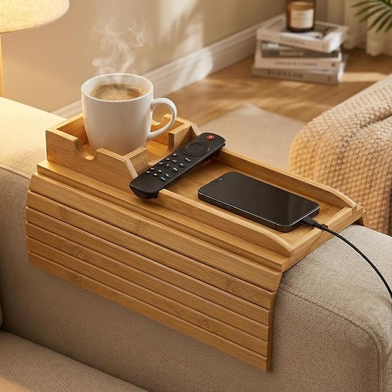 Bamboo Sofa Arm Tray, Foldable Table with Cup Holder and Remote Caddy