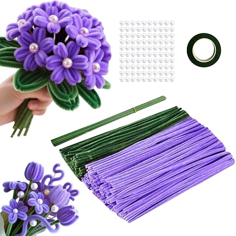 Pack of 220 Pipe Cleaners for Crafts Flowers 2 Colours Pipe Cleaners Flowers with Floral Wire Beads for Bouquet DIY Crafts Colourful Plush Wire DIY Craft Projects (Green Purple)