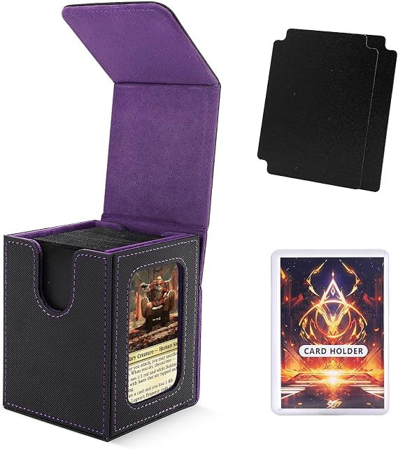 Komutan Ekranı için MTG Güverte Kutusu, Kart Güverte Kutusu 100 Çift Kollu Karta Uyar, Magic Commander TCG Kart Saklama Kutusu, 2 Bölücü, İpli Çanta ve 1 Üstten Yükleyici (Siyah/Mor)