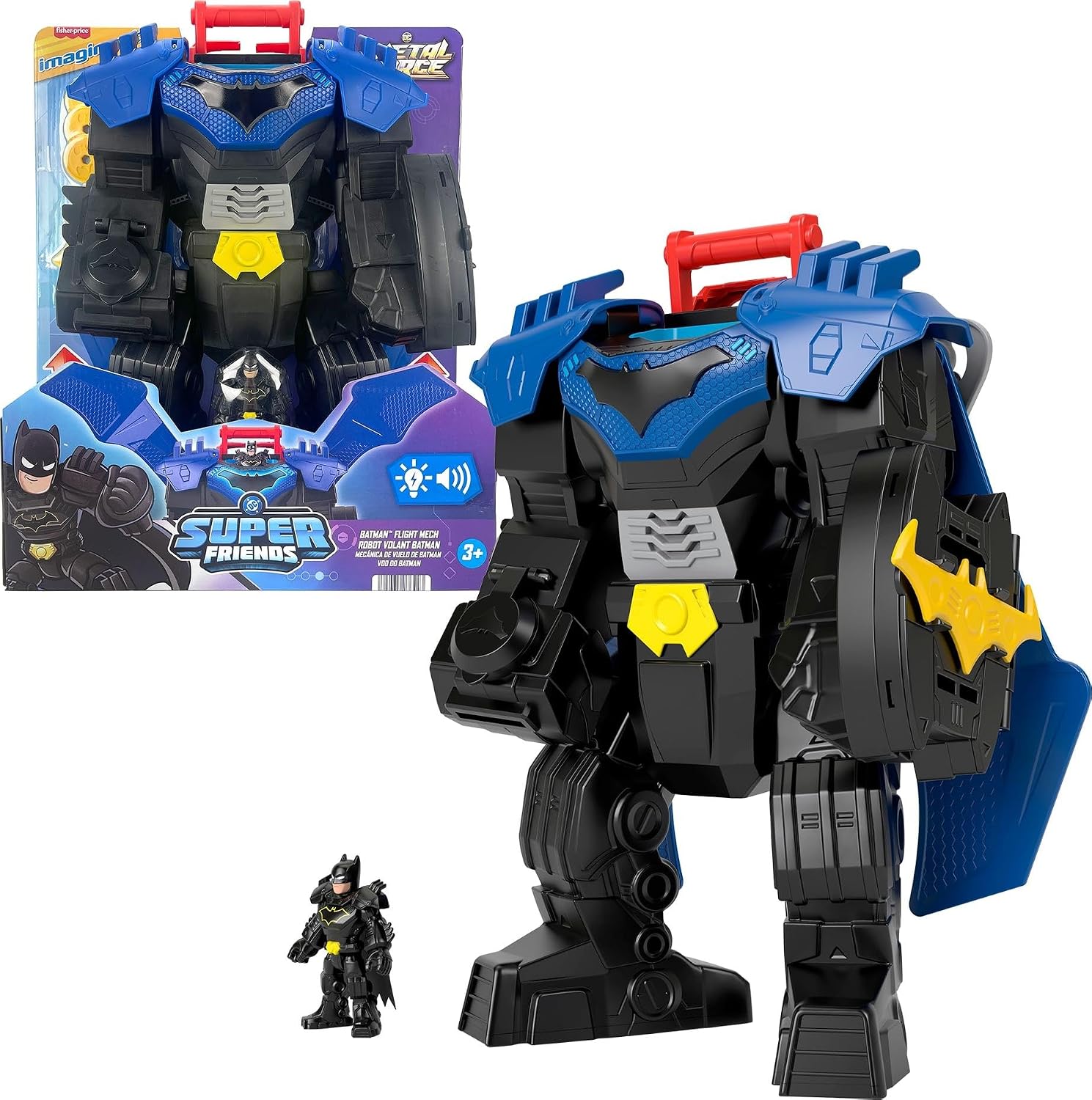 Fisher-Price Illuminated, audio and action Imaginext DC Super Friends Batman Flight Vehicle, 36.5cm toy with 7.5cm action figure, launcher and discs, JDL03