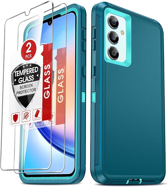 LeYi Compatible for Galaxy-A34-5G Case: with 2 PCS Screen Protector, Heavy Duty 3 in 1 A34 5G Case, Military Grade Shockproof Phone Case Cover for A34, Teal