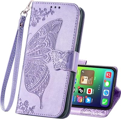 HAOTP for iPhone 16E Phone Case Wallet,Women Flip Folio Cover with Credit Card Holders Butterfly Flower Embossed PU Leather Purse Magnetic Wrist Strap Kickstand Case for iPhone 16E Light Purple