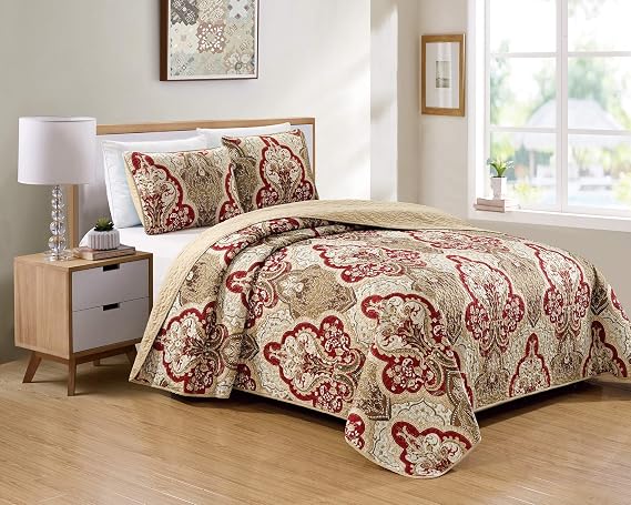 Kids Zone Home Linen Bedspread Set Damask Pattern Taupe Burgundy Brown New (Twin/Twin Extra Long)