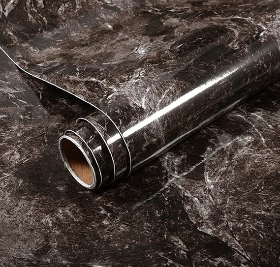 REDODECO Brown Marble Adhesive Paper Gloss Vinyl Wrap Film for Kitchen Countertop Peel Stick Wallpaper Decal 15.8inch x79inch (Drak Brown)