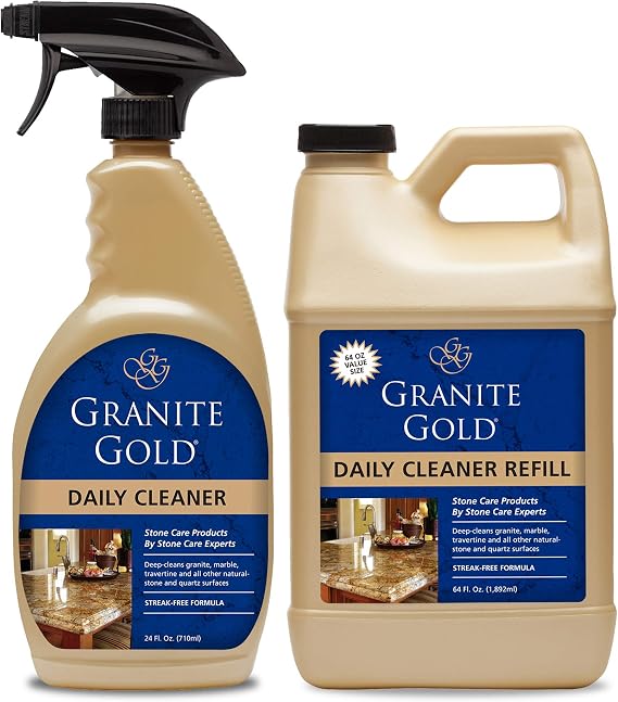 Granite Gold Daily Cleaner Spray and Refill Streak-Free Cleaning for Granite, Marble, Travertine, Quartz, Natural Stone Countertops, and Floors, 24 & 64 Fluid Ounce, 2-Pack