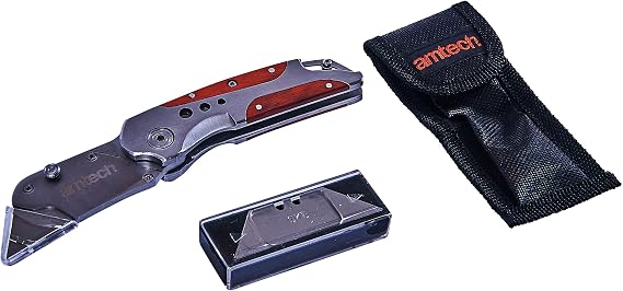 Amtech Folding Lock-Back Utility Knife, Wooden Grip with 5 Spare Blades, for Craft, DIY and Everyday Cutting.