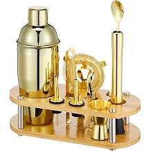 Cocktail Shaker Set Bartender Kit - 11 Pcs Bar Tool Set with Bamboo Stand & All Bar Accessories: Martini Shaker, Strainer,Jigger, Muddler, Mixer Spoon Barware Kit, for Bar, Home Lounge & Party(Gold)