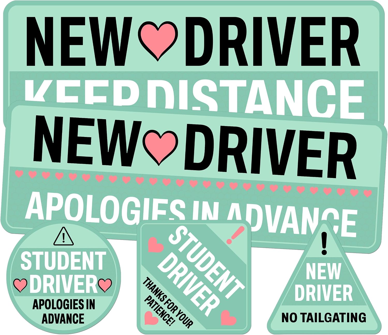 Student New Driver Sticker Pack 5 Pieces Vinyl Waterproof Funny Mint Pastel Non-Magnetic Stickers for Girl Men Women Gift Birthday Decal Sign Car Window Graduation Bumper