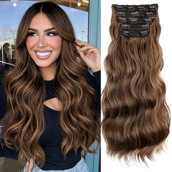 KooKaStyle Hair Extensions 5PCS Long Wavy Upgrate Invisible Full Coverage Edges Seamless Clip in Extensions for Women 20 Inch Dark roasted coffee&Caraamel brown Synthetic Natural Hairpieces