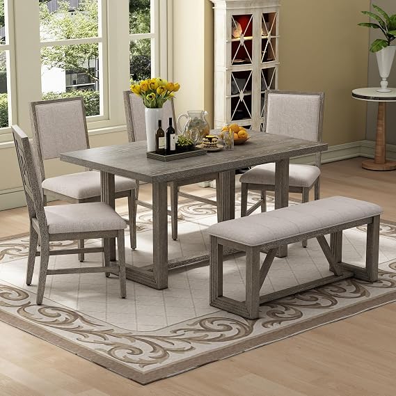 Merax Farmhouse Wooden Dining Set of 6, 59.6 inch Kitchen Table with Trestle Base, 4 Upholstered Chairs and 1 Bench, Easy Assemble Gray