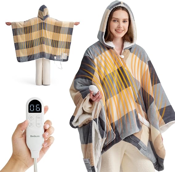 Bedsure Wearable Heated Blanket Hoodie Shawl, 55"x64", Beige Plaid Pattern | Gift for Mom, Preheat Function, Sherpa Electric Blanket Throw, 6 Heat/6 Timer (Up to 10H) Settings, 8H Auto Shut Off, ETL/FCC