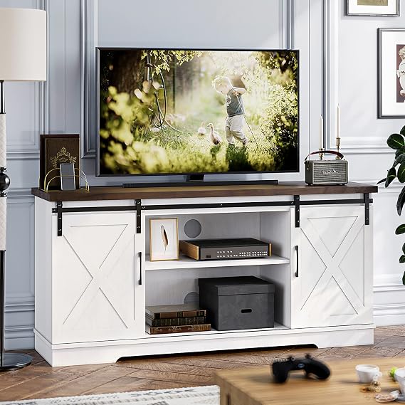 IDEALHOUSE Farmhouse TV Stand for 65 Inch TV - Entertainment Center with Storage & Shelves, Barn Door TV Console Table, Modern Living Room Furniture (White)