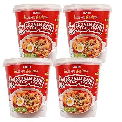 LENITH Instant Korean Street Food 4 Cups, Sweet and Spicy Gochujang Sauce Tteokbokki in Cup, K-Food Original Flavor, Rice cakes 6.2oz. 175g