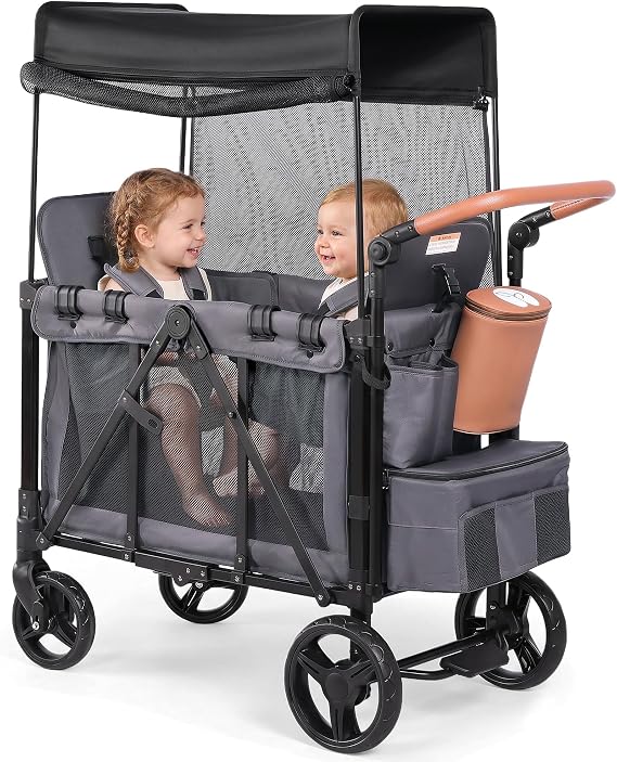 Stroller Wagon for 2 Kids, Foldable 2 Seater Wagon Stroller with Raised Seats, 5-Point Harnesses, Adjustable UPF 50+ Canopy, Front Zip Door, All-Terrain Wheels, Insulated Snack Bag, Gray