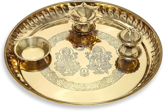 Pure Brass Nakshi Flower Design Embossed Aarti Puja Thali Platter Prasad Chandan Plate Hindu Rituals Temple Pooja Plate Pujan Thali Pooja Article (GANESH-LAXMI)