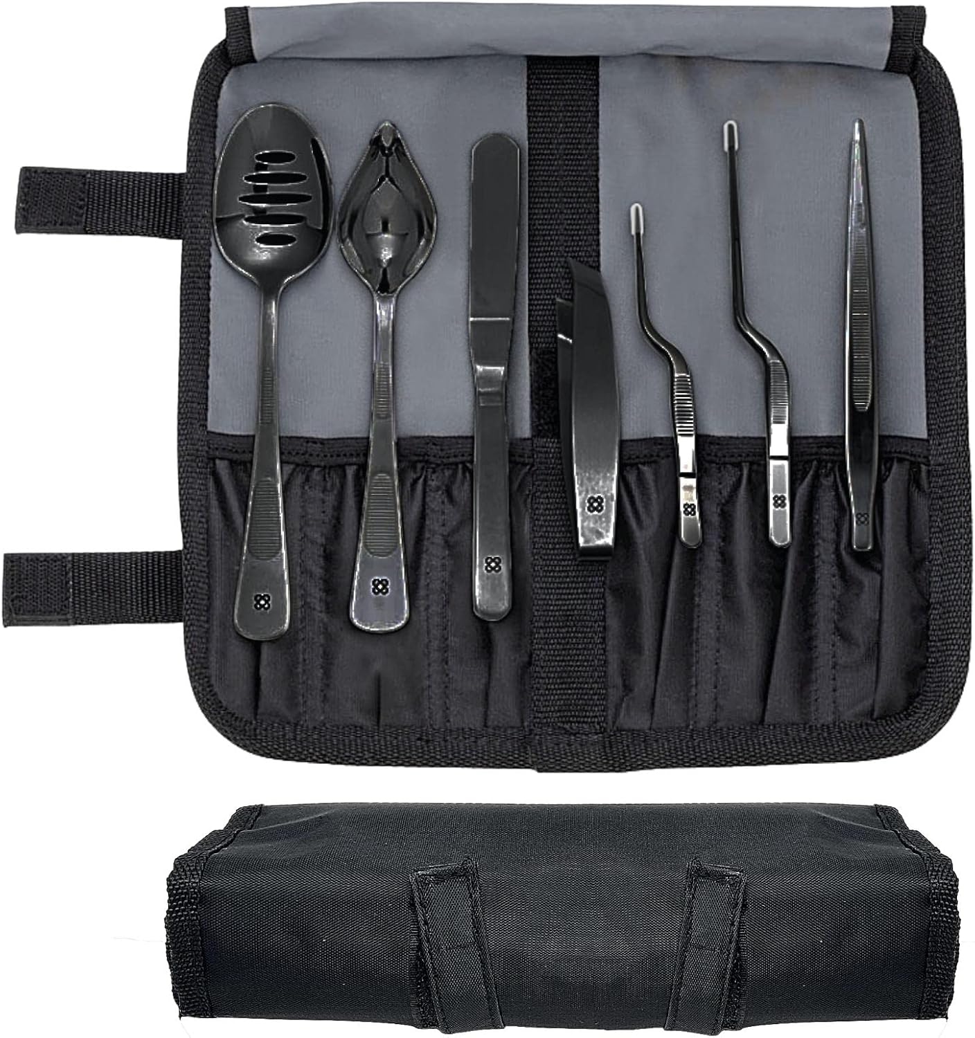 DOJA Barcelona Chef Plating - Kit Colour: Black - 7Pc Professional Culinary Plating Tools Set Tweezers, Slotted Spoon, Fish Deboning Tweezers, Chef Art Pencil and Spatula for Artful Presentation