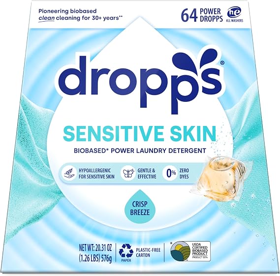 Dropps Sensitive Skin Laundry Detergent Pods, Crisp Breeze (64 Count) - Hypoallergenic & Dermatologist Tested | Dye Free | Laundry Pods for Sensitive Skin | Clean Ingredients | Plastic Free Packaging