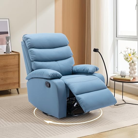 Swivel Rocker Recliner Chair, Rocking Recliner Chair with Microfiber Fabric, Small Manual Recliner Chair for Living Room, Nursery, Bedroom, RV, Sky Blue