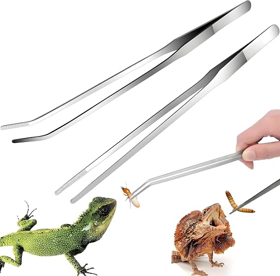 2 Pcs Feeding Tongs,10.6inch Stainless Steel Long Tweezers,Reptile Feeding Tongs, Aquarium Tweezers Straight and Curved Long Tweezer Terrarium Tool Feeder Tool for Tank(Silver)