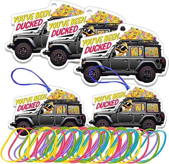 You've Been Ducked Duck Tags, 50 Set Ducking Game Card, Printed SUV Car Rubber Duck Tags, with Round Hole and 50 Rubber Bands (Black)