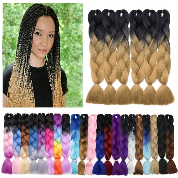 Benehair Ombre Braiding Hair 6 Bundles/lot 24inch Jumbo Braiding Hair Extensions High Temperature Synthetic Braid Hair Braiding Hair Pre Stretched Braid Extensions (Black+Light Brown)