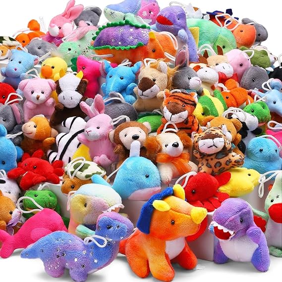 72-Piece Miniature Plush Animals Assortment, Diverse Soft Toys (Dinosaurs, Zoo & Ocean Creatures), Bulk Party Favors for Kids, Perfect as Claw Machine Filler, Goody Bag Stuffers, Keychains, Carnival P