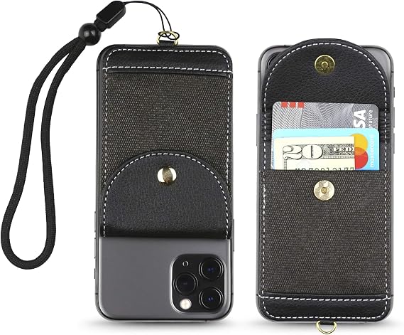 Cell Phone Wallet for Back of Phone with Wrist Strap, Stick On Wallet Credit Card ID Holder with RFID Protection Compatible with iPhone, Galaxy & Most Smartphones and Cases