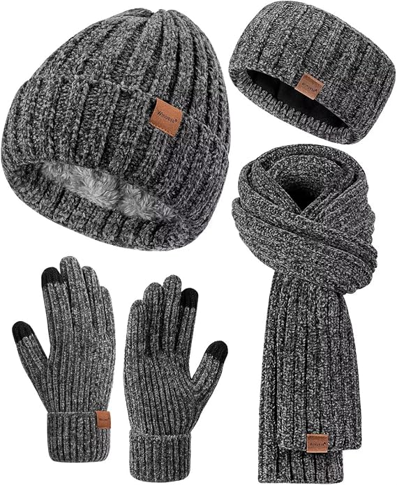 Women Beanie Scarf Gloves Headband Set, Chenille Winter Hats Fleece Lined Ear Warmer Knit Scarf Touchscreen Gloves 4 Gift Set