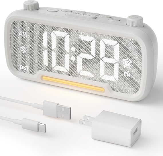 White Alarm Clock Radio for Bedroom with FM Radio & Bluetooth Speaker