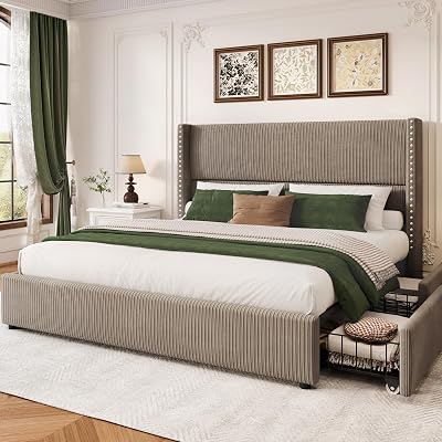 LARMACE King Size Bed Frame with 4 Storage Drawers,Corduroy Upholstered King Size Platform Bed Frame with Tufted Vertical Stripe,Solid Wood LegNo Box Spring NeededNoise Free,Brown