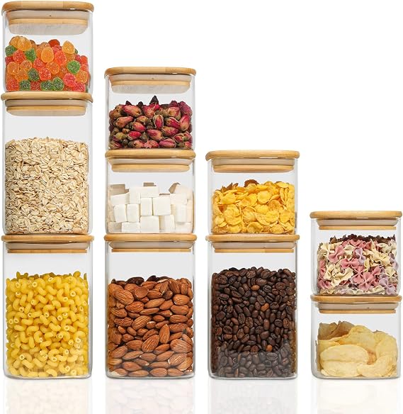 ComSaf Glass Food Storage Jars Set of 10(20 oz,37 oz), Clear Storage Containers with Airtight Bamboo Lid, Pantry Organization Jar, Spice, Blooming Tea, Coffee and Sugar Container,